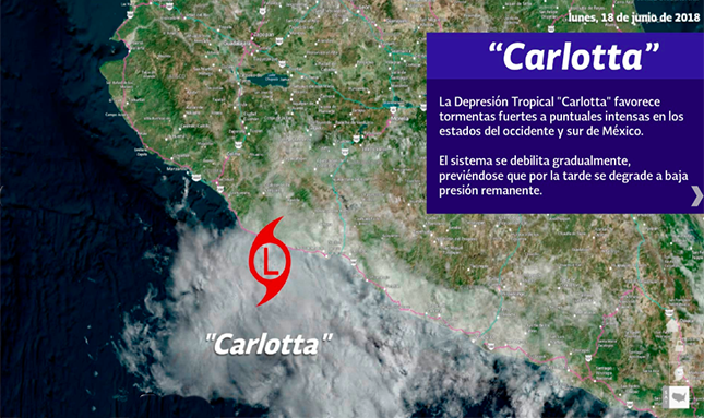 Depresión tropical Carlotta se ubica al sur de Michoacán