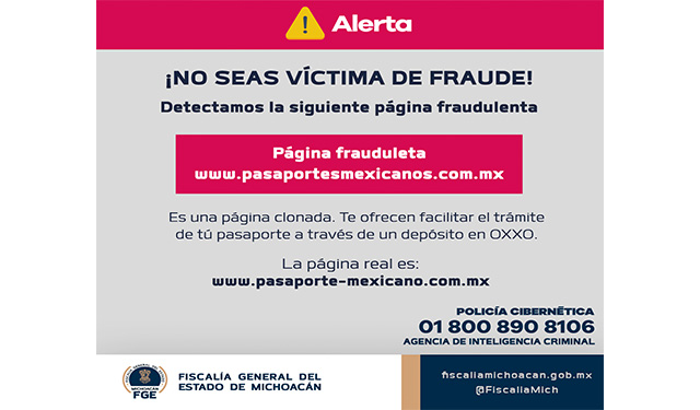 Alerta Fiscalía de Michoacán por clon fraudulento de página que “tramita” pasaporte